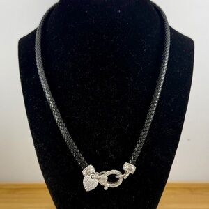 JUDITH RIPKA Sterling Silver Black Braided Leather Heart Charm Necklace